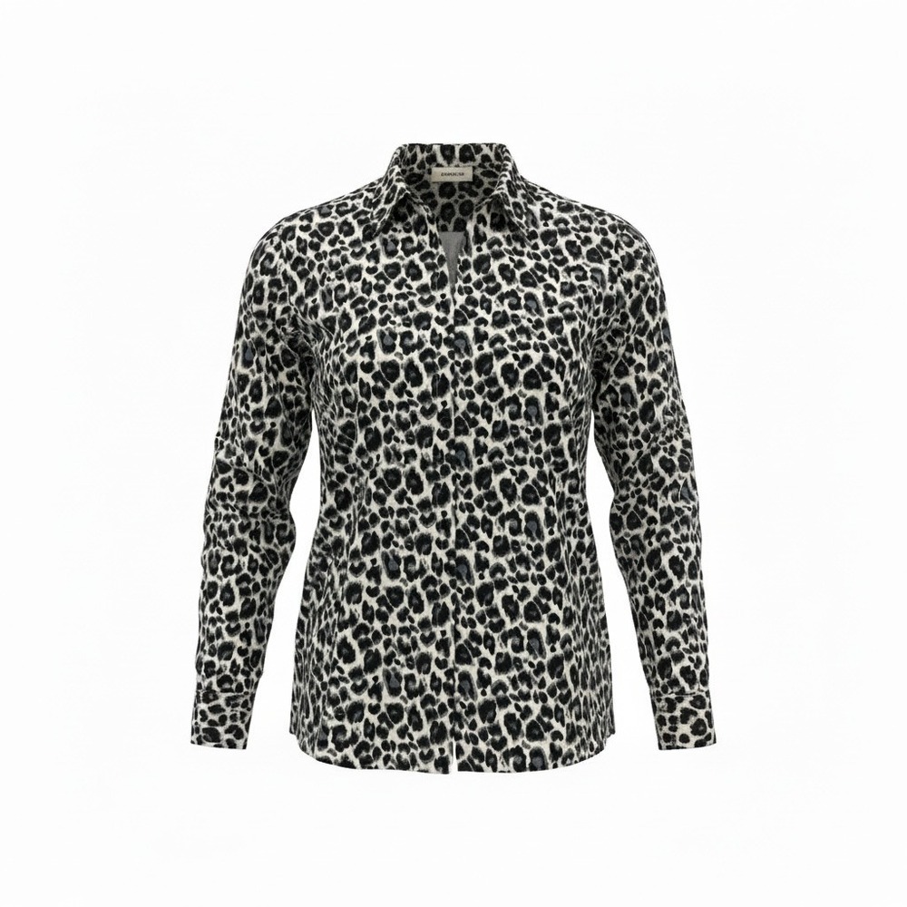 Adora Leopard Print Button-Up Long Sleeve Shirt - Black White, Size M